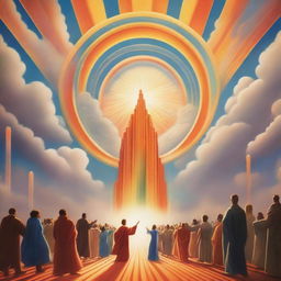 A breathtaking realistic scene of the rapture, with lots of joyful realistic people ascending towards a bright, fiery orange light descending from the sky