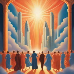 A breathtaking realistic scene of the rapture, with lots of joyful realistic people ascending towards a bright, fiery orange light descending from the sky, surrounded by clouds, evoking a profound sense of divine presence