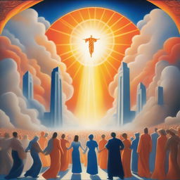 A breathtaking realistic scene of the rapture, with lots of joyful realistic people ascending towards a bright, fiery orange light descending from the sky, surrounded by clouds, evoking a profound sense of divine presence