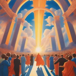 A breathtaking realistic scene of the rapture, with lots of joyful realistic people ascending towards a bright, fiery orange light descending from the sky, surrounded by clouds, evoking a profound sense of divine presence