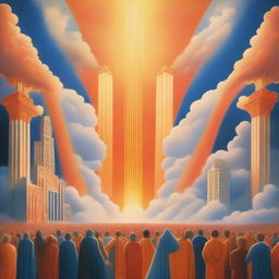 A breathtaking realistic scene of the rapture, with lots of joyful realistic people ascending towards a bright, fiery orange light descending from the sky, surrounded by clouds, evoking a profound sense of divine presence