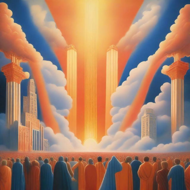 A breathtaking realistic scene of the rapture, with lots of joyful realistic people ascending towards a bright, fiery orange light descending from the sky, surrounded by clouds, evoking a profound sense of divine presence