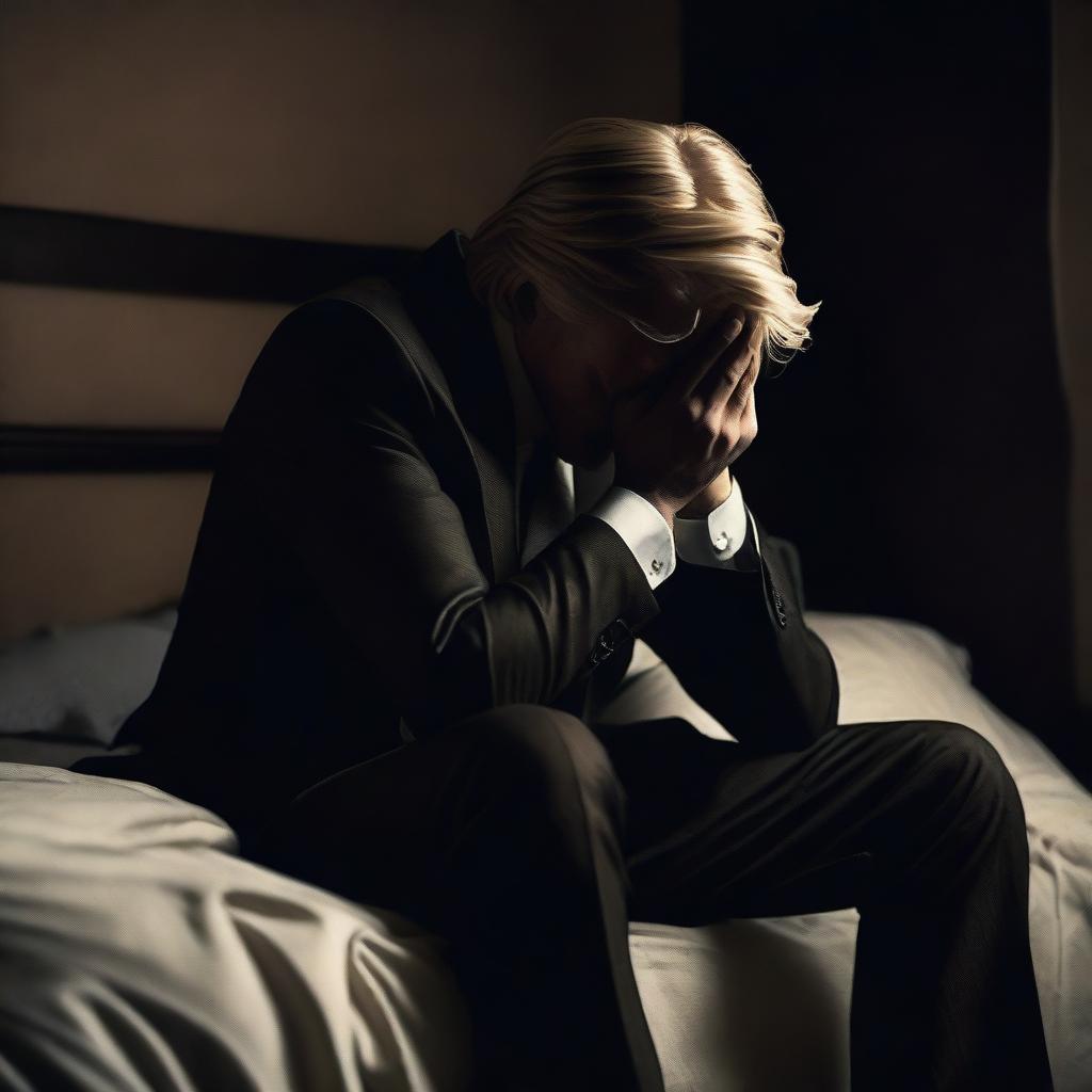 A dark, moody bedroom scene with main colors of brown and black