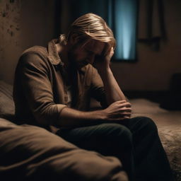 A hyper-realistic, dark, moody bedroom scene with main colors of brown and black