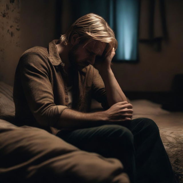 A hyper-realistic, dark, moody bedroom scene with main colors of brown and black