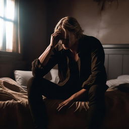 A hyper-realistic, dark, moody bedroom scene with main colors of brown and black