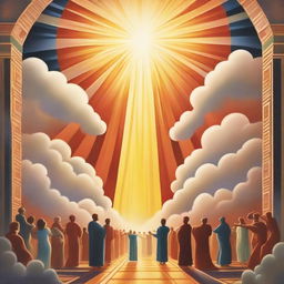 A breathtaking scene of the rapture, with people with bright faces ascending towards a bright, fiery light in the sky, surrounded by clouds and a sense of divine presence