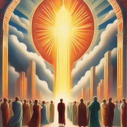 A breathtaking scene of the rapture, with people with bright faces ascending towards a bright, fiery light in the sky, surrounded by clouds and a sense of divine presence