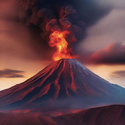 Create an image of mountains with a volcano exploding in the background