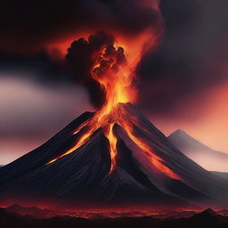 Create an image of mountains with a volcano exploding in the background