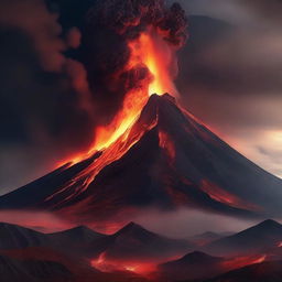 Create an image of mountains with a volcano exploding in the background