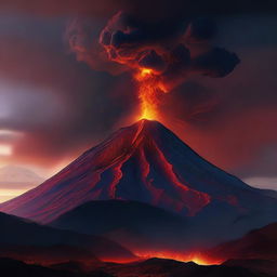 Create an image of mountains with a volcano exploding in the background