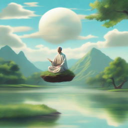 An omniscient being floating above a serene landscape, radiating wisdom and knowledge