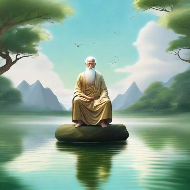 An omniscient being floating above a serene landscape, radiating wisdom and knowledge