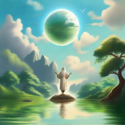 An omniscient being floating above a serene landscape, radiating wisdom and knowledge