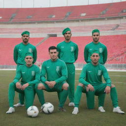 A band of musicians wearing the vibrant uniforms of the Iraqi national football team, sitting on the vividly colored stands of a vast football field.