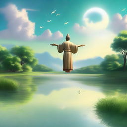 An omniscient being floating above a serene landscape, radiating wisdom and knowledge