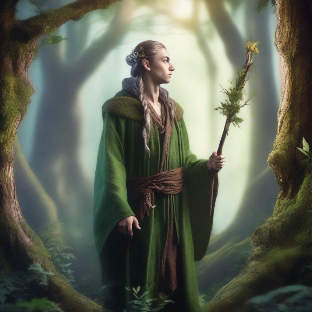 A mystical elf druid from the forest, surrounded by ancient trees and magical creatures