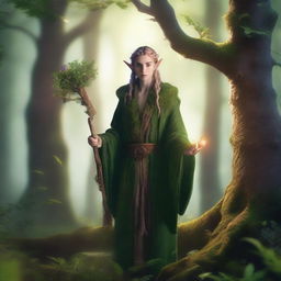 A mystical elf druid from the forest, surrounded by ancient trees and magical creatures