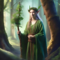 A mystical elf druid from the forest, surrounded by ancient trees and magical creatures