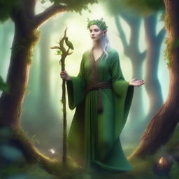 A mystical elf druid from the forest, surrounded by ancient trees and magical creatures