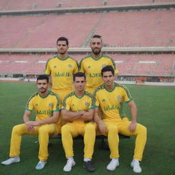 A band of musicians wearing the vibrant uniforms of the Iraqi national football team, sitting on the vividly colored stands of a vast football field.