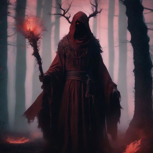 A forest warlock with an infernal pact, standing amidst dark, twisted trees and ominous shadows