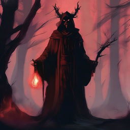 A forest warlock with an infernal pact, standing amidst dark, twisted trees and ominous shadows