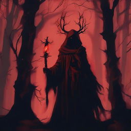 A forest warlock with an infernal pact, standing amidst dark, twisted trees and ominous shadows