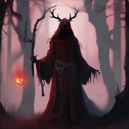 A forest warlock with an infernal pact, standing amidst dark, twisted trees and ominous shadows