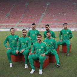 A band of musicians wearing the vibrant uniforms of the Iraqi national football team, sitting on the vividly colored stands of a vast football field.