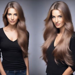 Create an image of a woman with long hair wearing a black shirt