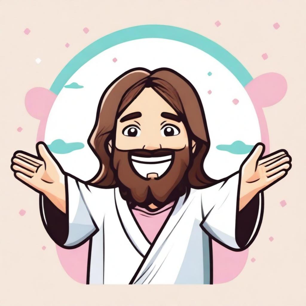 Create a cheerful image of Jesus with open arms in a kawaii style