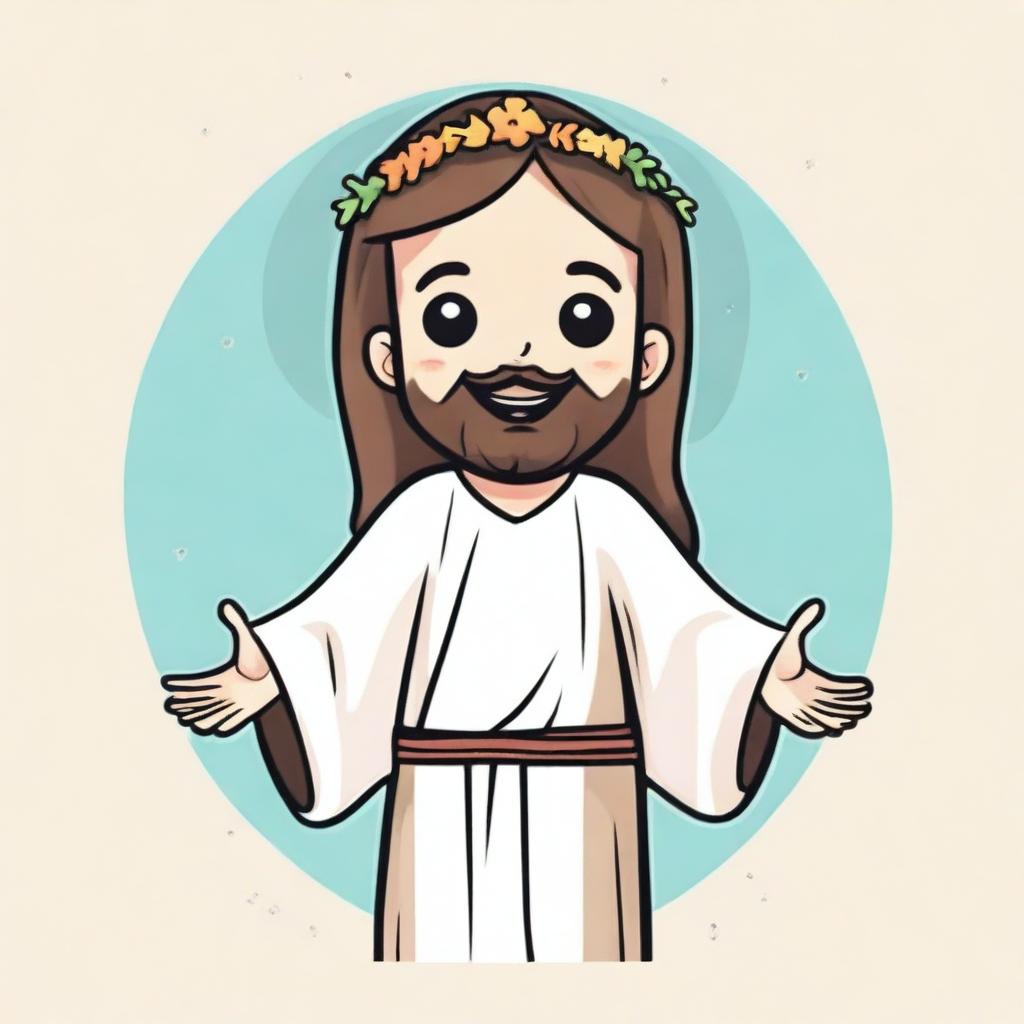 Create a cheerful image of Jesus with open arms in a kawaii style