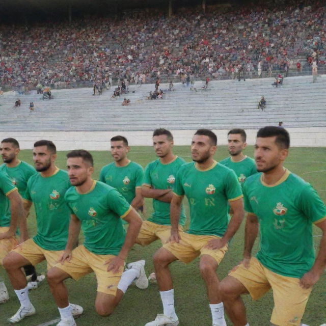 A band of musicians wearing the vibrant uniforms of the Iraqi national football team, sitting on the vividly colored stands of a vast football field.