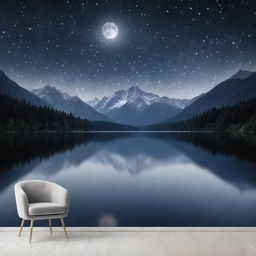 Generate an image of a serene moonlit night landscape with soft shimmering stars in the dark velvet sky, casting a gentle silver glow on a tranquil lake surrounded by majestic mountains.