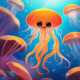 A cute orange jellyfish with one big, adorable eye, named Stinger Flynn