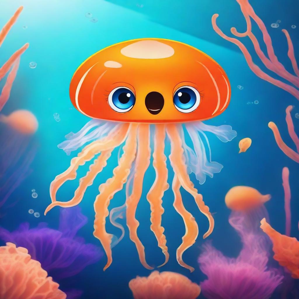 A cute orange jellyfish with one big, adorable eye, named Stinger Flynn