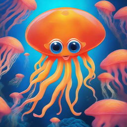 A cute orange jellyfish with one big, adorable eye, named Stinger Flynn