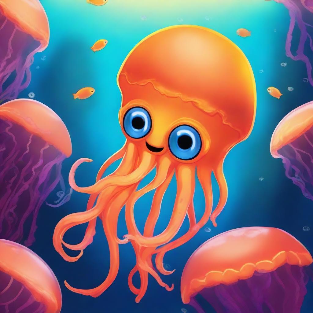 A cute orange jellyfish with one big eye and no mouth, named Stinger Flynn