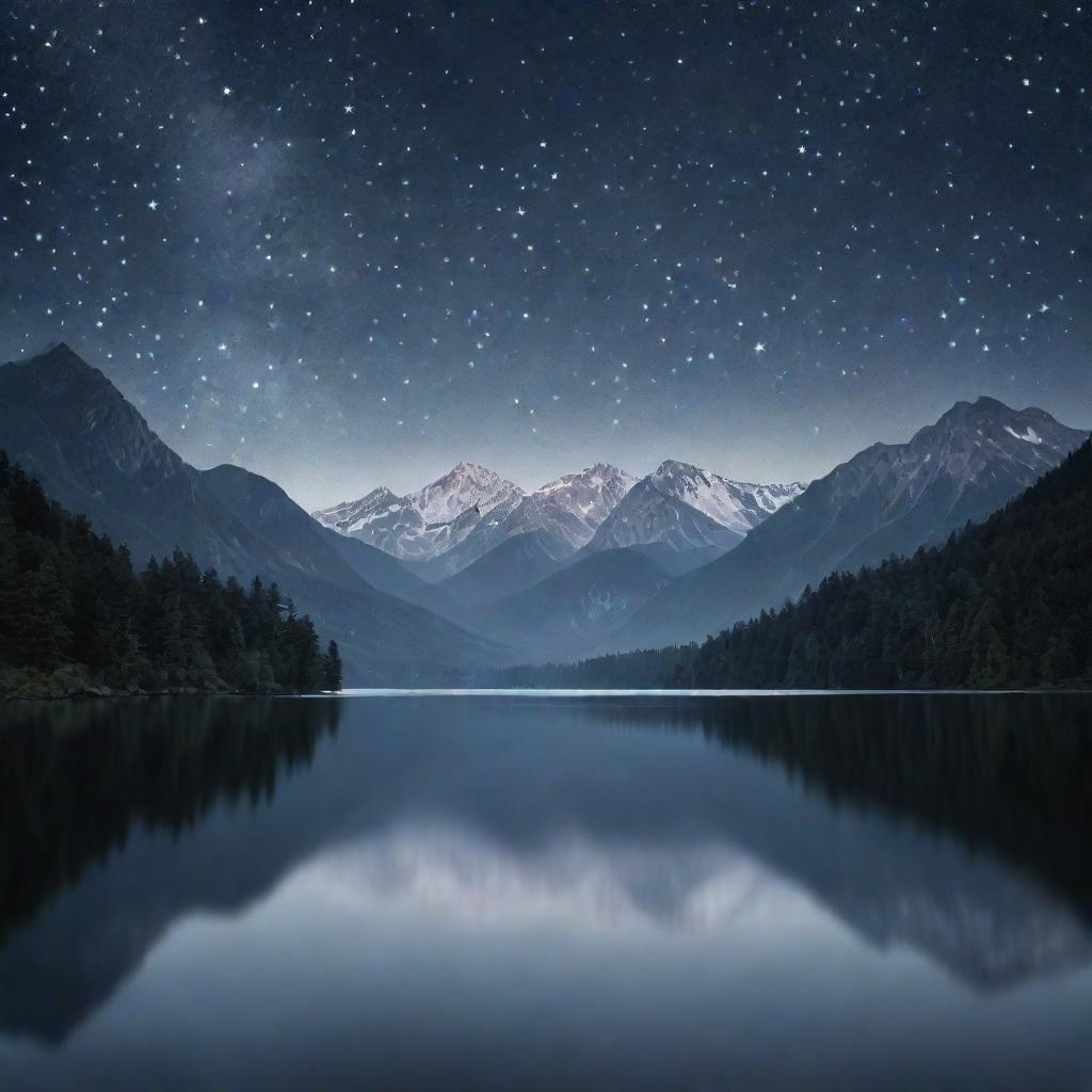 Generate an image of a serene moonlit night landscape with soft shimmering stars in the dark velvet sky, casting a gentle silver glow on a tranquil lake surrounded by majestic mountains.