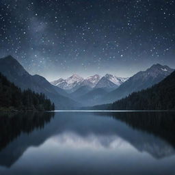 Generate an image of a serene moonlit night landscape with soft shimmering stars in the dark velvet sky, casting a gentle silver glow on a tranquil lake surrounded by majestic mountains.