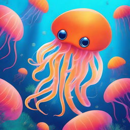 A cute orange jellyfish with one big eye and no mouth, named Stinger Flynn