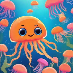 A cute orange jellyfish with one big eye and no mouth, named Stinger Flynn