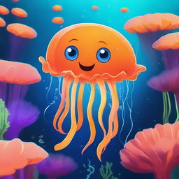 A cute orange jellyfish with one big eye and no mouth, named Stinger Flynn