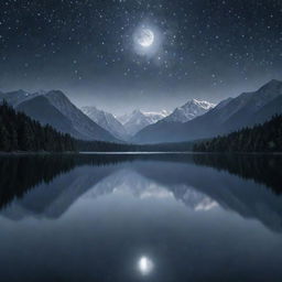 Generate an image of a serene moonlit night landscape with soft shimmering stars in the dark velvet sky, casting a gentle silver glow on a tranquil lake surrounded by majestic mountains.