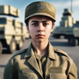 A 21-year-old female soldier standing confidently in a military uniform