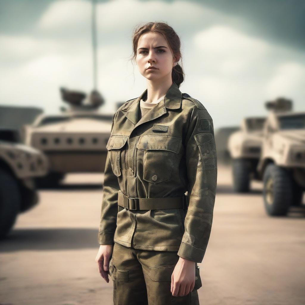 A 21-year-old female soldier standing confidently in a military uniform