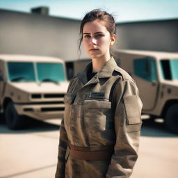 A 21-year-old female soldier standing confidently in a military uniform