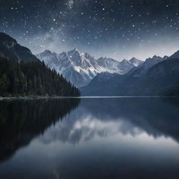 Generate an image of a serene moonlit night landscape with soft shimmering stars in the dark velvet sky, casting a gentle silver glow on a tranquil lake surrounded by majestic mountains.